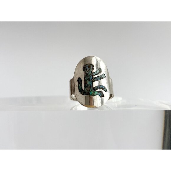 RARE Taxco Mexico Made Monkey Abalone 925 Sterling Silver Vintage Ring - sz 8 - Picture 2 of 14